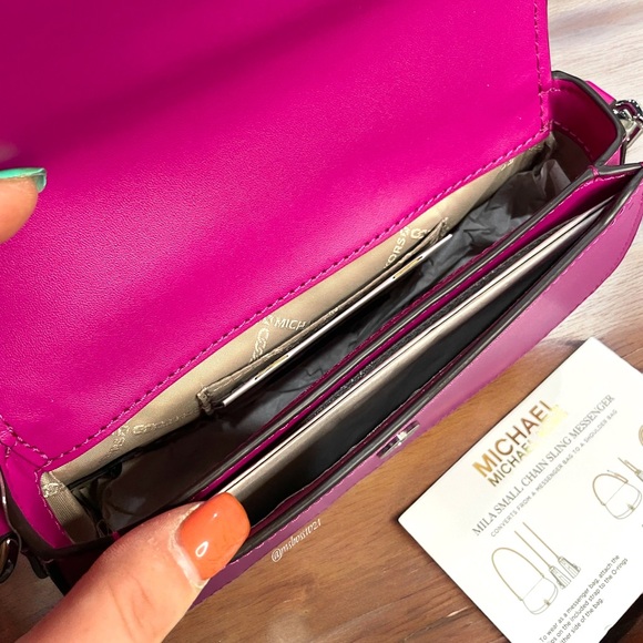 Michael Kors Mila Small Leather Shoulder Bag in Deep Fuchsia NWT - Picture 7 of 9